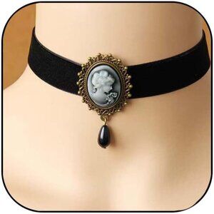 Gothic Cameo Choker Necklace Victorian Black Choker Vintage Goth Halloween Jewel
